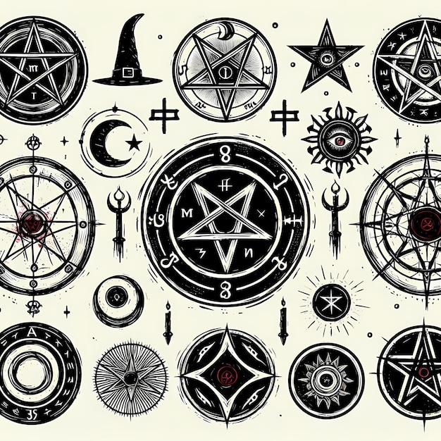 a collection of different symbols including the moon and star