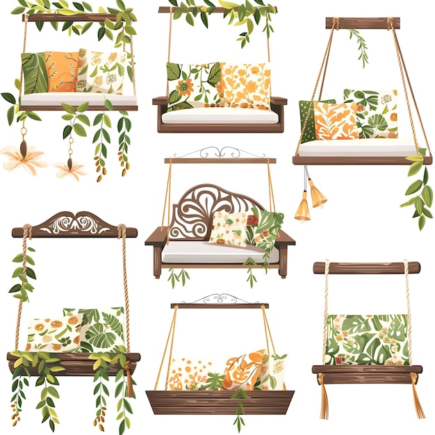 Photo a collection of different things including a swing with a floral design