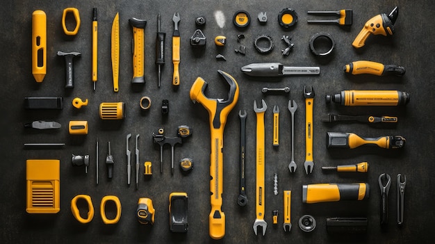 Photo a collection of different tools including a yellow and black tool ar 169 v 61 job id 10a541343e08469497861f3c49d1dc2f