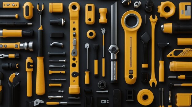 A collection of different tools including a yellow and black tool