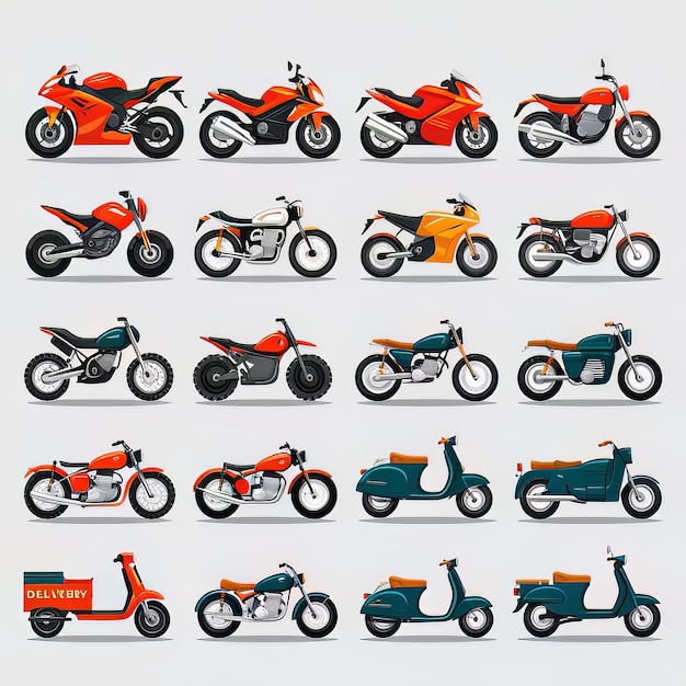 a collection of different toy motorcycles including orange and green