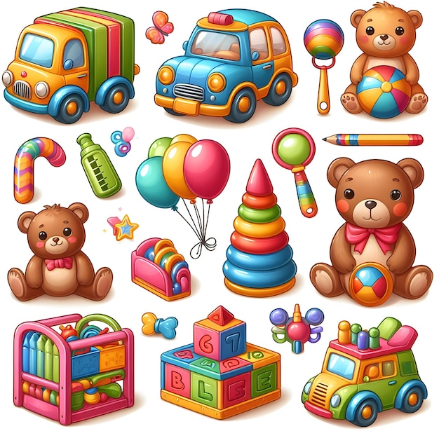 a collection of different toys including teddy bears toys and toys