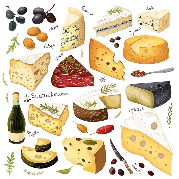 Photo collection of different types of cheese illustration of various cheese varieties with names and decorations