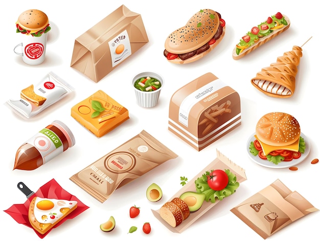 a collection of different types of food including a brown paper bag