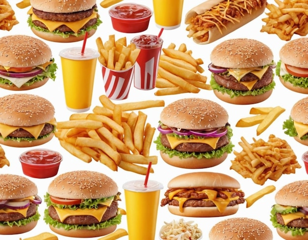 a collection of different types of food including burgers fries and french fries