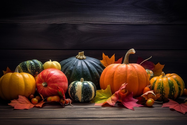 A collection of different types of pumpkins on a wooden table