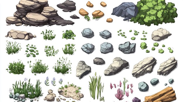 Photo a collection of different types of rocks and plants