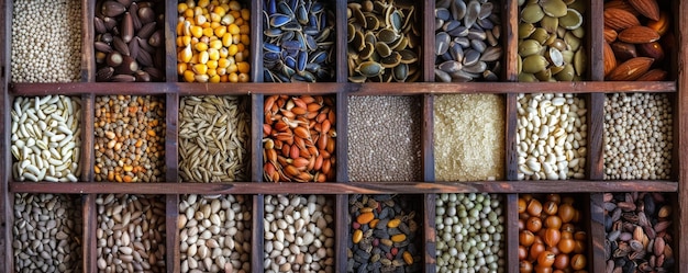 A collection of different types of seeds displayed in a wooden box The assortment includes various