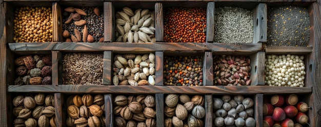 A collection of different types of seeds displayed in a wooden box The assortment includes various