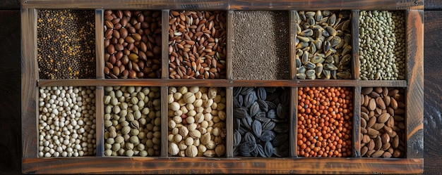 A collection of different types of seeds displayed in a wooden box The assortment includes various