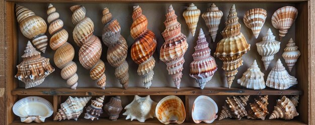 Photo a collection of different types of shells displayed in a shadow box frame each shell showcases its