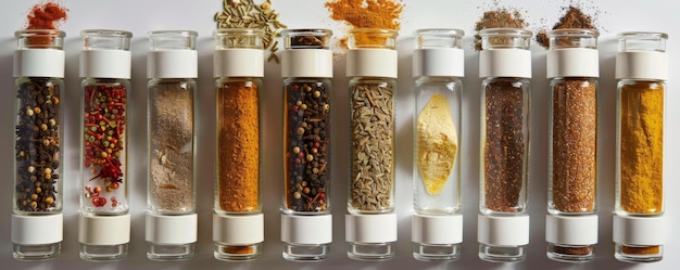 A collection of different types of spices displayed in small glass jars The assortment includes