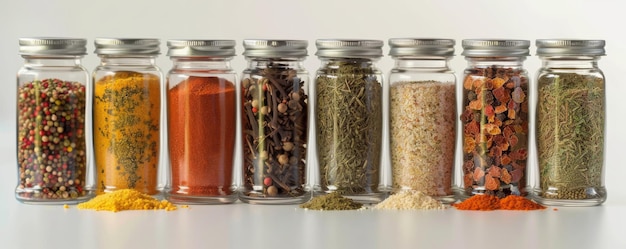 A collection of different types of spices displayed in small glass jars The assortment includes