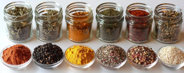 A collection of different types of spices displayed in small glass jars The assortment includes