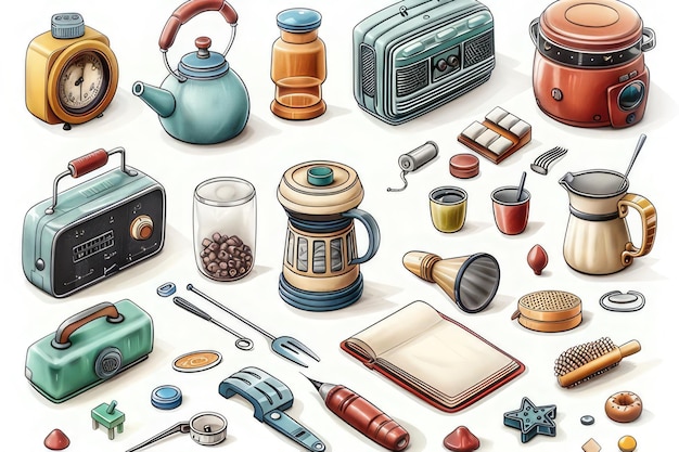 a collection of different vintage items including a collection of old appliances