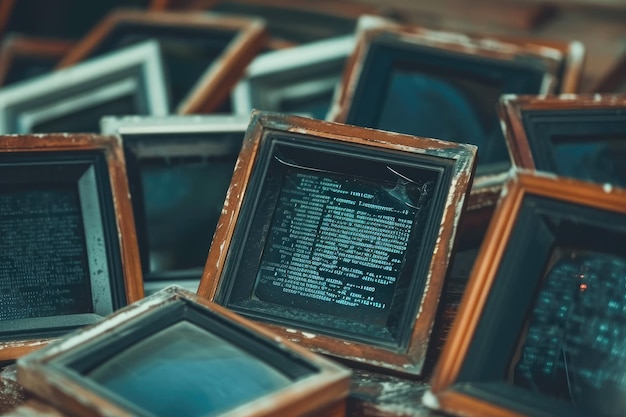 A collection of discarded computer screens stacked on top of a table Polaroid frames filled with binary code AI Generated