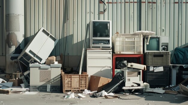 A collection of discarded electronics and old appliances piled up outside a building highlighting issues of ewaste and recycling