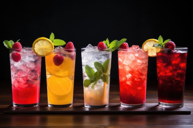 Collection of diverse summer beverages Options include mojito lemonade mixed berry drink strawbe