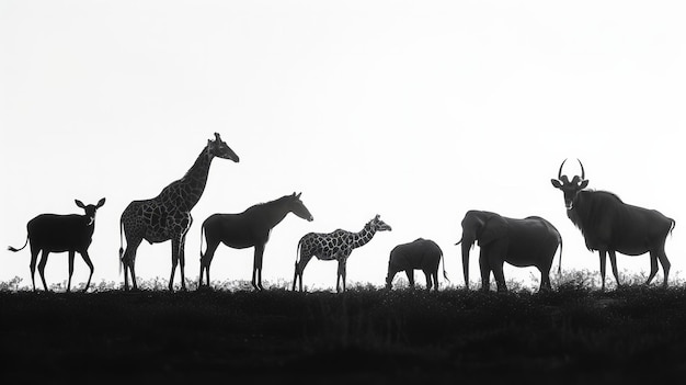 Photo collection of diverse zoo animals aligned for a panoramic white web banner their silhouettes casting a striking contrast ai generative