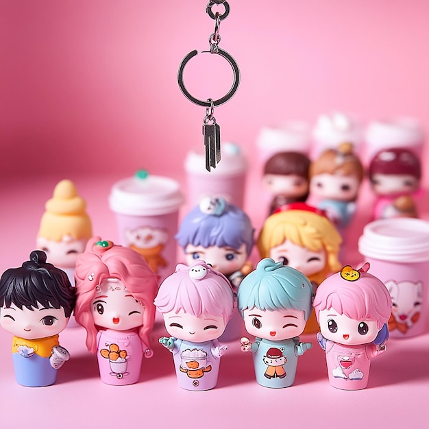 a collection of dolls with a keychain in the middle