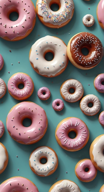 a collection of donuts with pink frosting and sprinkles