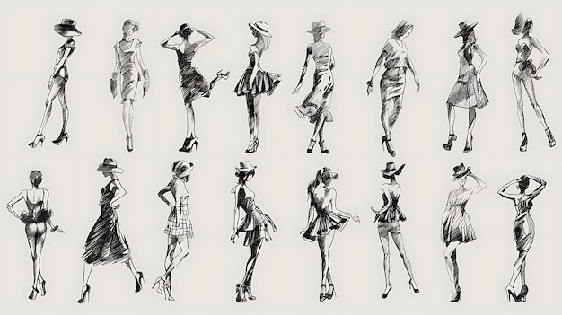 a collection of drawings of womens fashions including one of the models