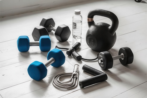 Photo a collection of dumbbells including one of them has a bottle of water and a bottle of water