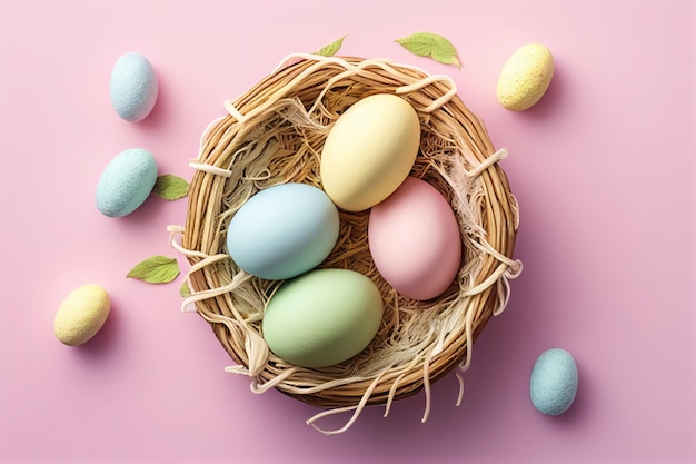 A collection of easter eggs and flowers on a green background.