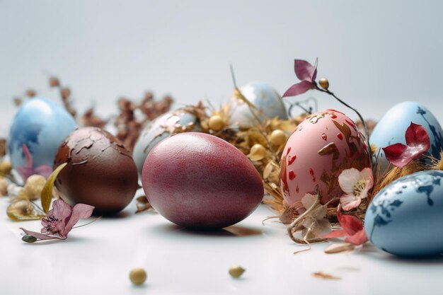 A collection of easter eggs with flowers and a red flower on the bottom.