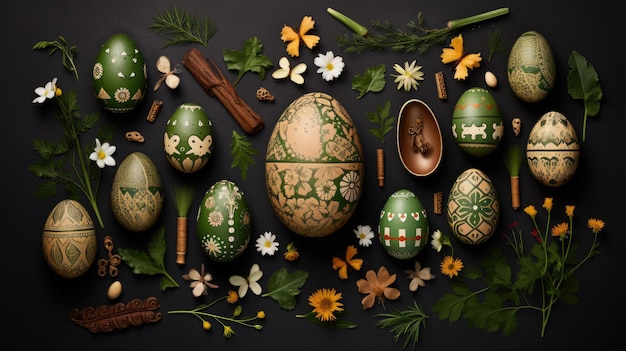 Collection of Easter items arranged to form an egg shape