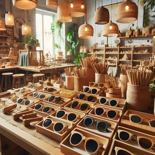 A collection of ecofriendly bambooframed sunglasses on display at an environmentallyconscious