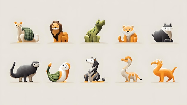 A Collection of Eight Cartoon Animal Figures in a Row