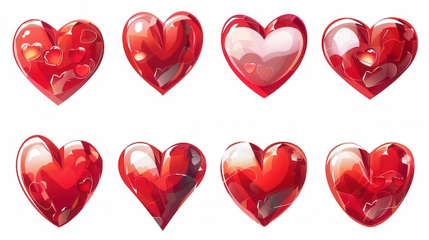 A collection of eight red heart illustrations with various styles including shiny textured and translucent effects Generative AI