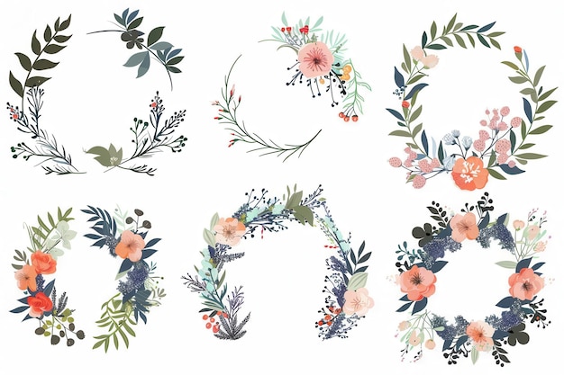 A collection of eight unique floral wreaths featuring various arrangements of colorful flowers and leaves Perfect for wedding invitations and festive events Generative AI