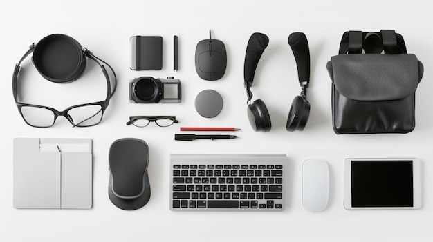 Photo a collection of electronic devices including a keyboard mouse and a pair of sunglasses