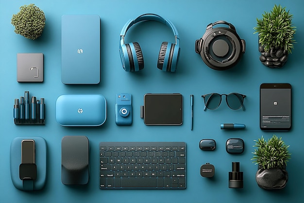 Photo a collection of electronic devices including a pair of headphones and a keyboard