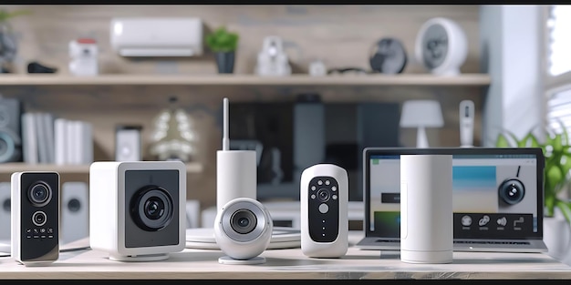 Photo a collection of electronic devices including a silver and gray speaker a black speaker and a white speaker are arranged on a wooden shelf next to a green plant and a white