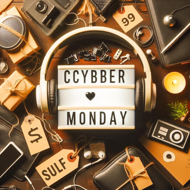 a collection of electronic devices including the word cyber monday