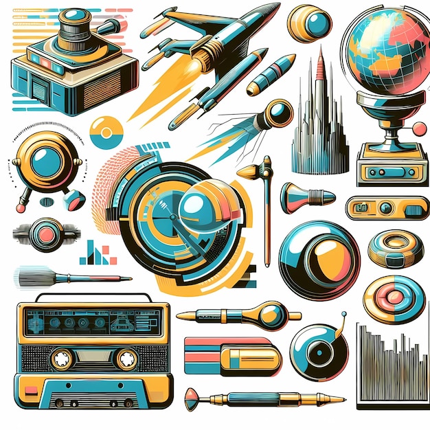 a collection of electronics including a space ship and a globe