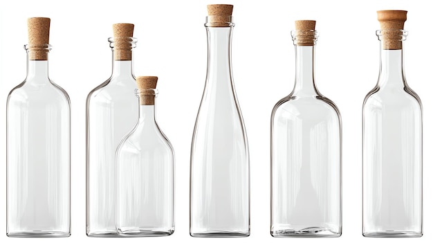 Photo a collection of elegant glass bottles with cork stoppers perfect for showcasing