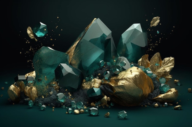 A collection of emeralds and gold crystals are scattered around.