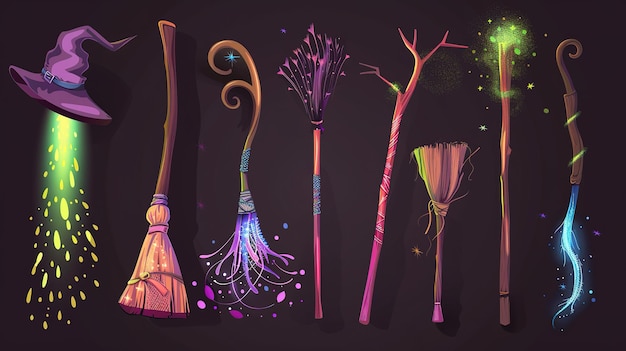 Collection of enchanted witches brooms with magical glowing effects dark fantasy illustration