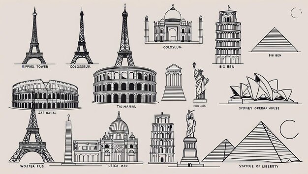 A collection of famous landmarks and monuments from around the world drawn in black and white