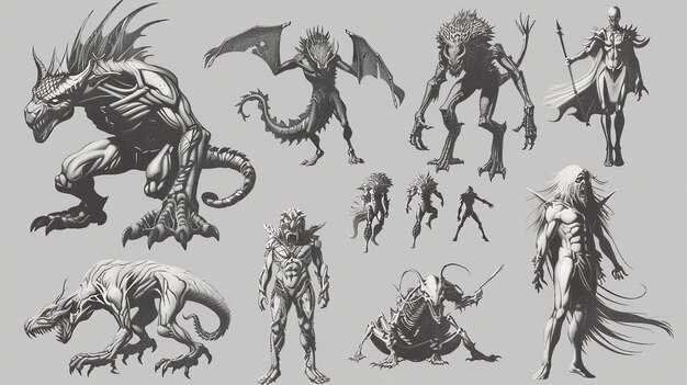 Photo a collection of fantasy creature concept sketches