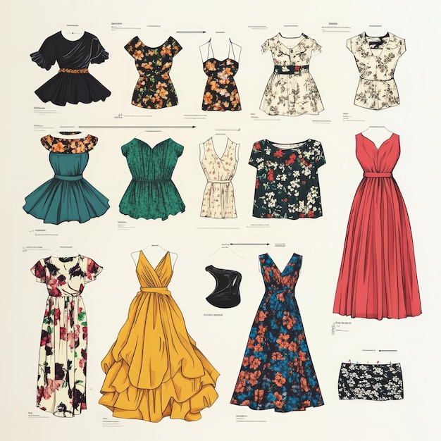 Photo a collection of fashion illustrations of various dresses with floral patterns