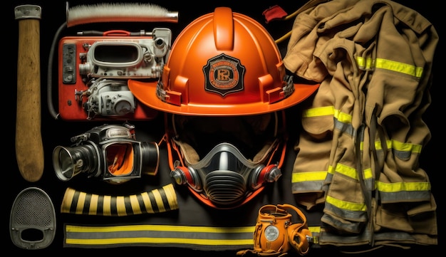 A collection of firefighter gear including a fireman's helmet.