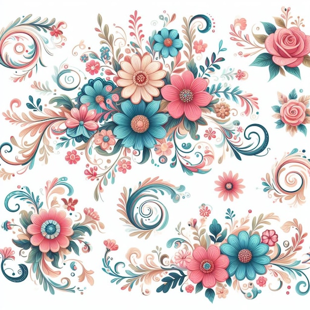 a collection of floral designs including flowers and swirls