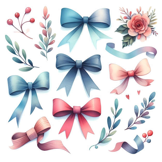 a collection of floral designs including ribbons flowers and branches