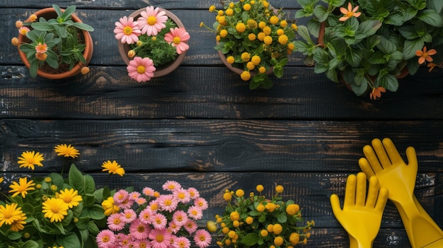 collection of flowering plants in terracotta pots arranged on a dark wooden deck