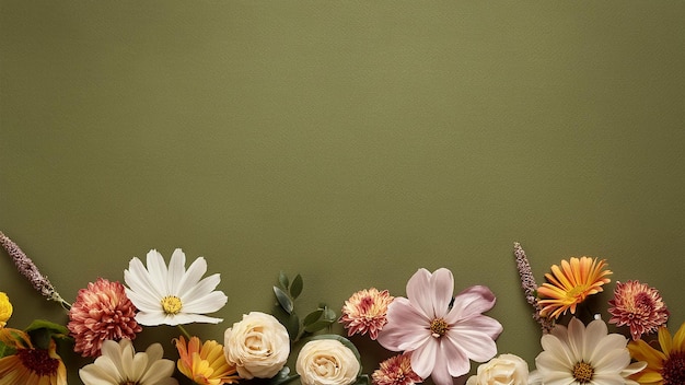 a collection of flowers and a corn on a green background